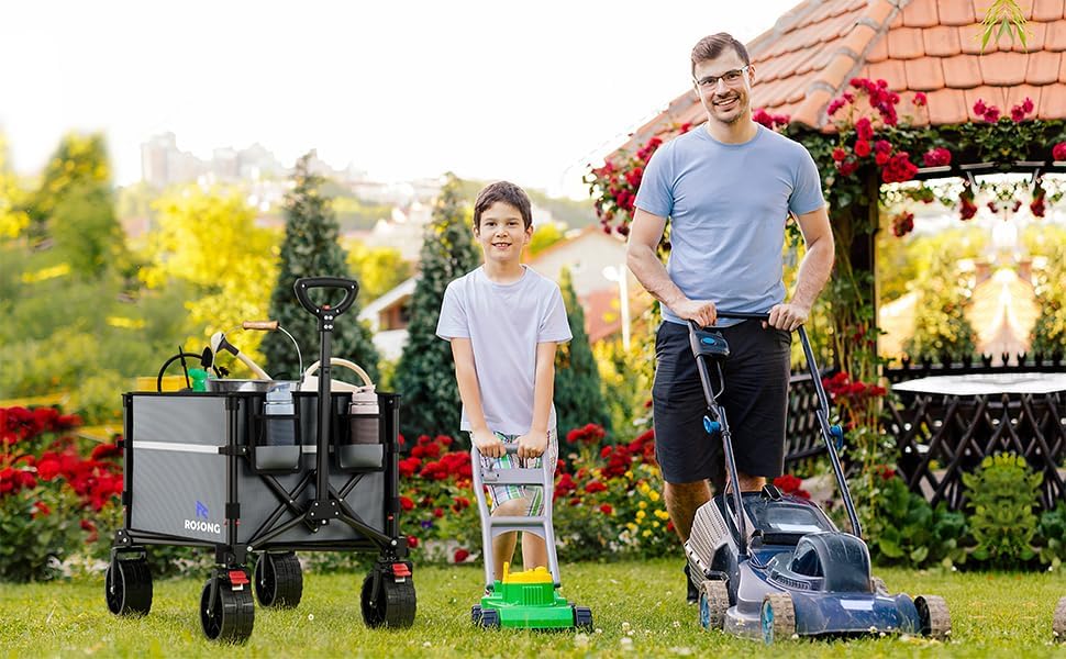 ROSONG Collapsible Wagon Cart with Wheels, Grey with Cover, 120L - Image 4
