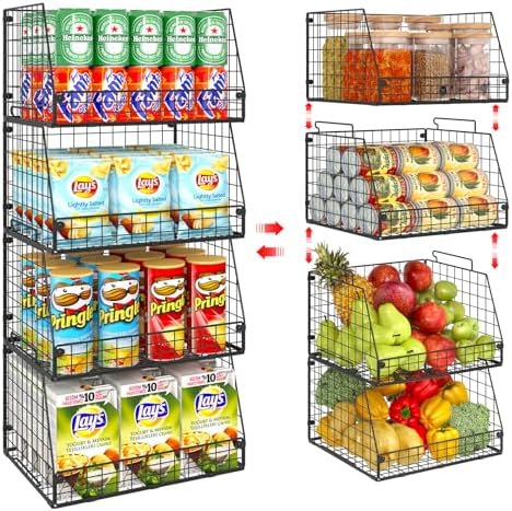 4 Pack XXL Stackable Wire Storage Basket, Extra Large Capacity Pantry Organizer and Storage, Muti-Purpose for Vegetable Fruit Basket & Can Organizer & Snack Rack & Metal Pantry Bin by Unknown