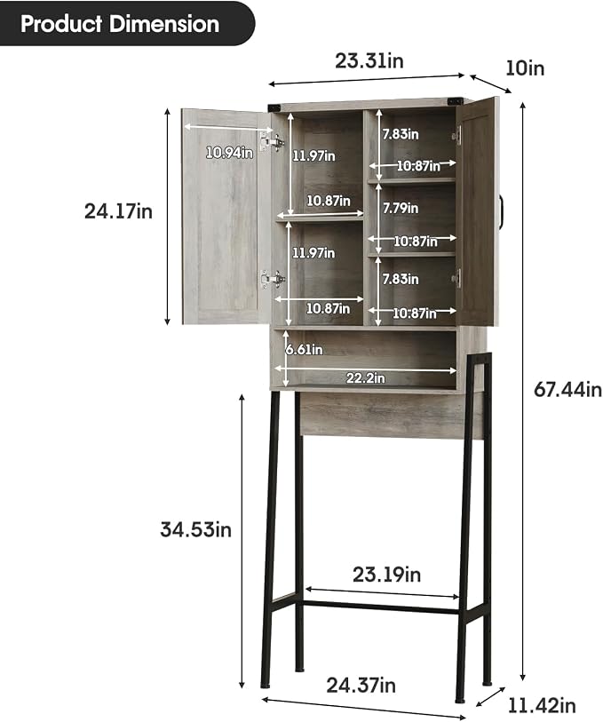 Vabches Over The Toilet Storage Cabinet with 2-Door Design Bathroom Organizers and Storage with Anti-Tip Device Over Toilet Organizer with Shelves for Bathroom,Restroom,Laundry Grey - Image 2