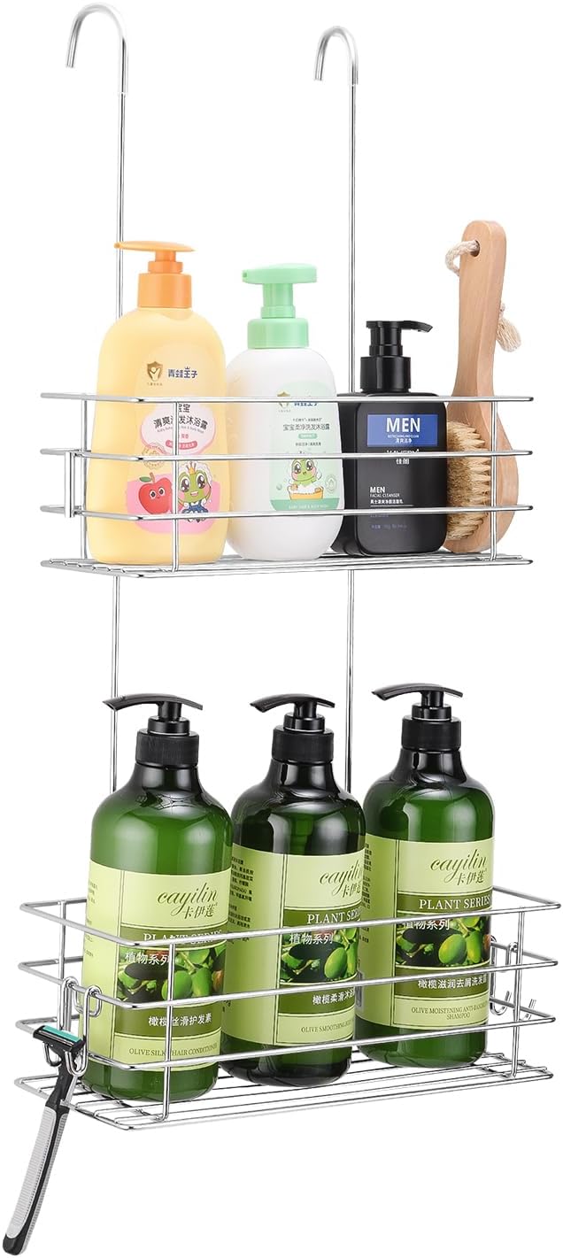 2-Tier Shower Caddy Hanging Shower Organizer Rack with Hooks Over The Door by Seltomer
