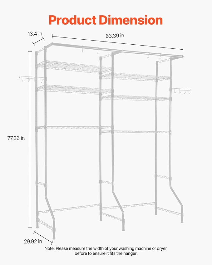 VEVOR Over The Washer and Dryer Storage Shelf, 6 Tier Laundry Room Drying Rack with Hanger Rod and Hooks, Adjustable Over Washer and Dryer Shelves, Laundry Room Shelf Storage Space Saver, White - Image 3