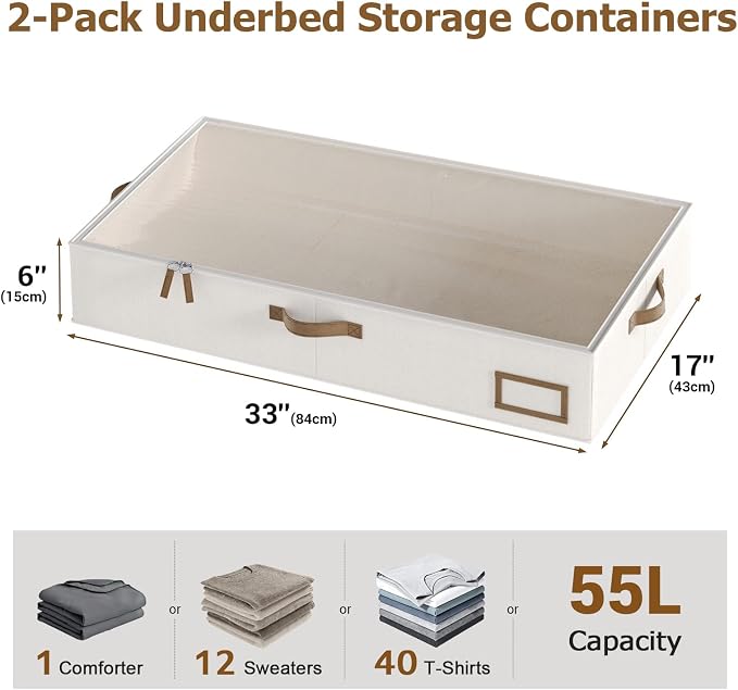 Under Bed Storage, Under Bed Storage Containers Bins for Clothes, Large Linen Underbed Closet Organization Bins, 2 Pack Collapsible Underbed Bin Dorm for Clothes, Sweater, Beige - Image 2