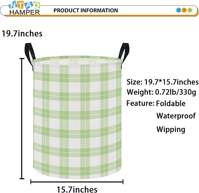 NTAOHAMPER Laundry Hamper, Laundry Basket, Baby Nursery Hamper, Waterproof Storage Bin, Clothes Organizer Basket, Room Decor (Green Plaid) - Image 2