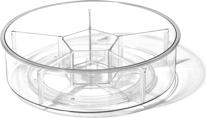 BINO Plastic Round Turntable Organizer with 6 Compartments - Clear | Spinning Divided Turntable Container | Rotating Organizer Storage for Bottle Condiments Fridge Kitchen Counter Pantry Bathroom by BINO