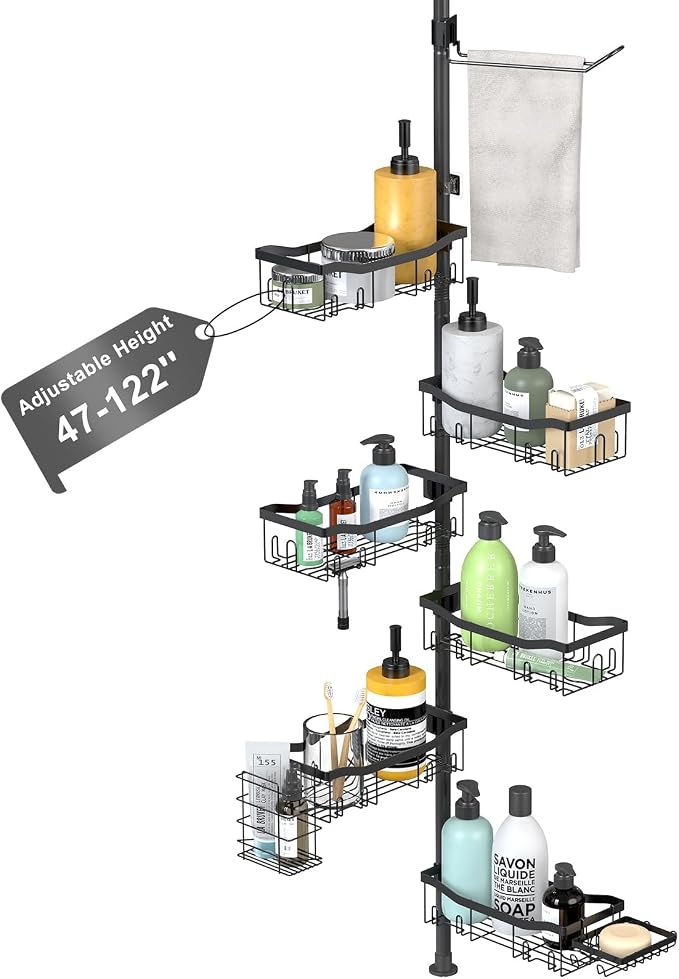 Shower Caddy Corner, 6 Tier Tension Pole Rod Bathroom Organizer Shelves, Adjustable Bathtub Shampoo Stand Rack with Towel Rack 2 Holders for Inside Shower Storage, 47-122 Inch, Black by Unknown