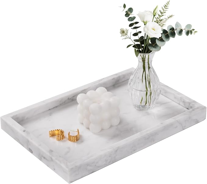 Marble Bathroom Tray for Countertop & Home Decor, Natural Decorative Marble Tray for Jewelry & Perfume Organizer, Luxury Stone Vanity Trays for Dresser, Kitchen Counter, 12" x 8", White by Homaura
