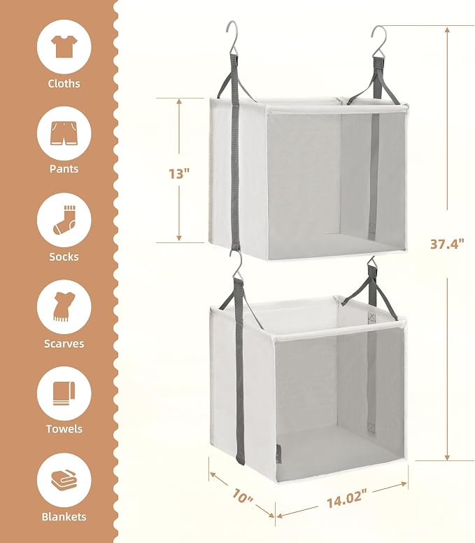 STORAGE MANIAC 2-Tier Hanging Closet Organizer, Fabric Storage Baskets with Hooks, Closet Shelves for Dorm Room, Apartment, Bedroom, Garment Rack & Wardrobe, Ivory - Image 2