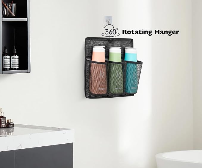 ALYER Mesh Shower Organizer,Shower Caddy with Rotating Detachable Metal Hanger, Quick Dry Bathroom Storage for Toiletry Accessories, Portable Shower Bag for RV,Dorm,Gym and Travel (Black) - Image 6