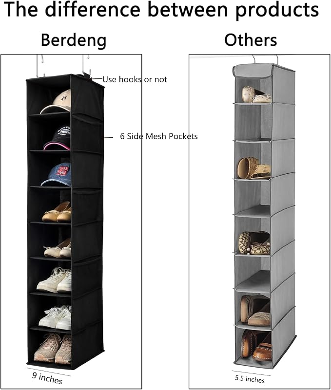 Berdeng Hanging Shoe Organizer for Closet with Side Mesh Pockets，Hat Racks for Baseball Caps，Shoe and Hat Holder & Storage，8-Shelf，Black，1 Pack - Image 4