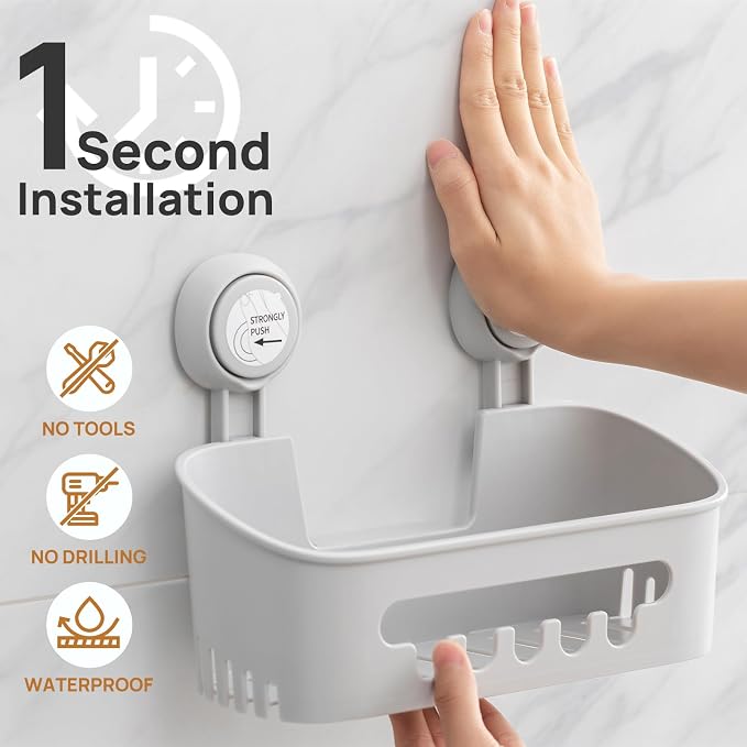 LEVERLOC Shower Caddy Suction Cup Set Shower Organizer & Soap Holder, Grey - Image 2