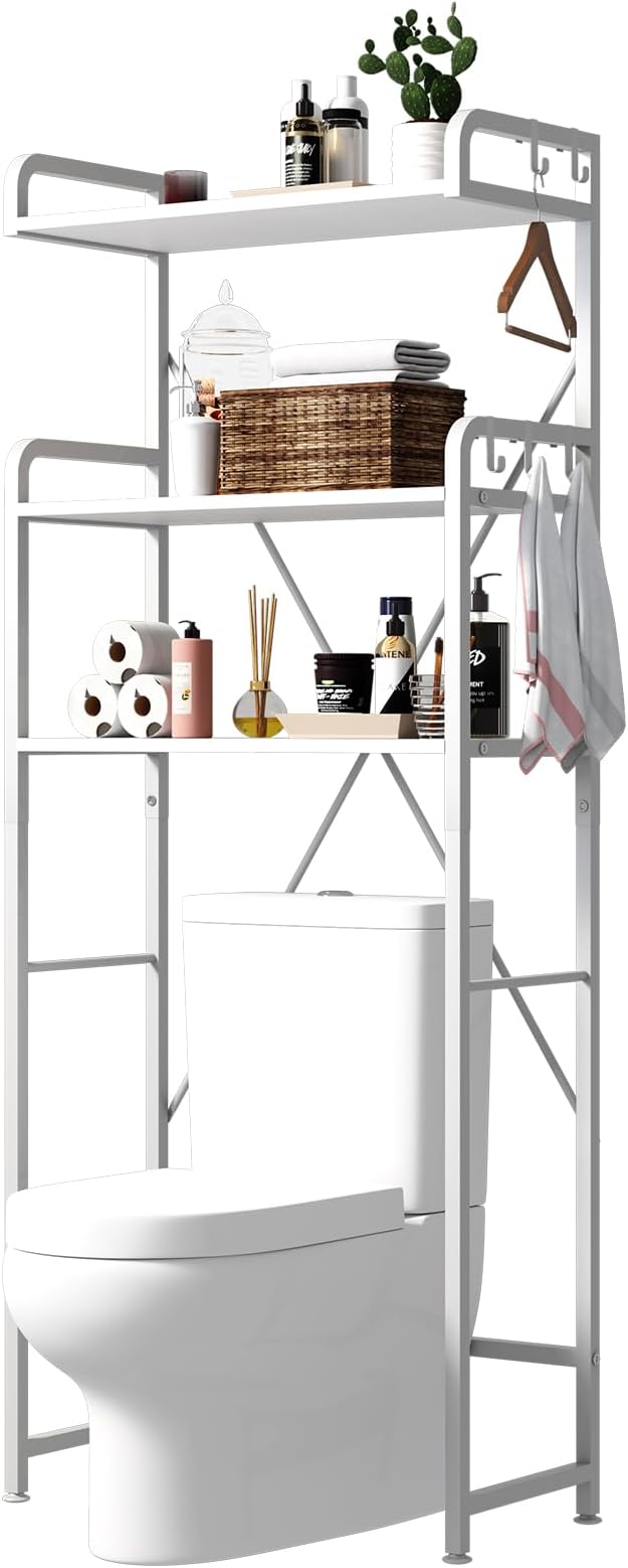 Huhote Over The Toilet Storage Rack with 3-Tier Bathroom Shelves, Space Saver Toilet Shelf, Bathroom Storage Organizer with Hooks for Over Toilet Storage and Shelf (White) - Image 9
