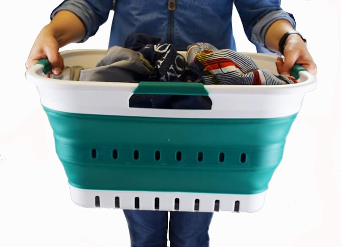 SAMMART 30L (8 Gallon) Collapsible 3 Handled Plastic Laundry Basket - Foldable Pop Up Storage Container/Organizer - Space Saving Hamper/Basket (White/Dark Green) - Image 6