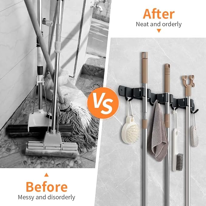 JAMEND CLXP Broom Hanger and Mop Holder, Heavy Duty Garden Tool Organizer Rack Rake and Shovel Handle, Stainless Steel Wall Mounted Utility Rack with Screws (5 Racks with 4 Hooks, Matte Black). - Image 2