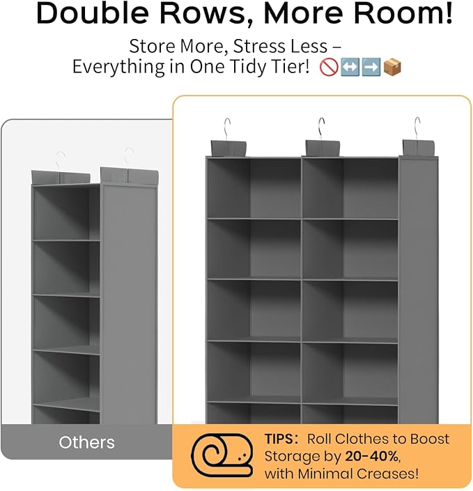 5 Tier Hanging Closet Organizer, Dual Row Wardrobe Storage with Hooks, Grey | 158.3L Extra-Large Closet Storage, Strong Hooks & Thick Fabric Hold Heavy Garments, Foldable Design Saves Closet Space. - Image 3
