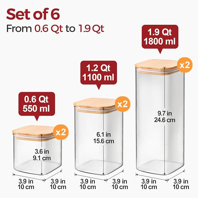 Glass Pantry Storage Containers with Lids 0.6/1.2/1.9 Qt 6 Pack - Image 2