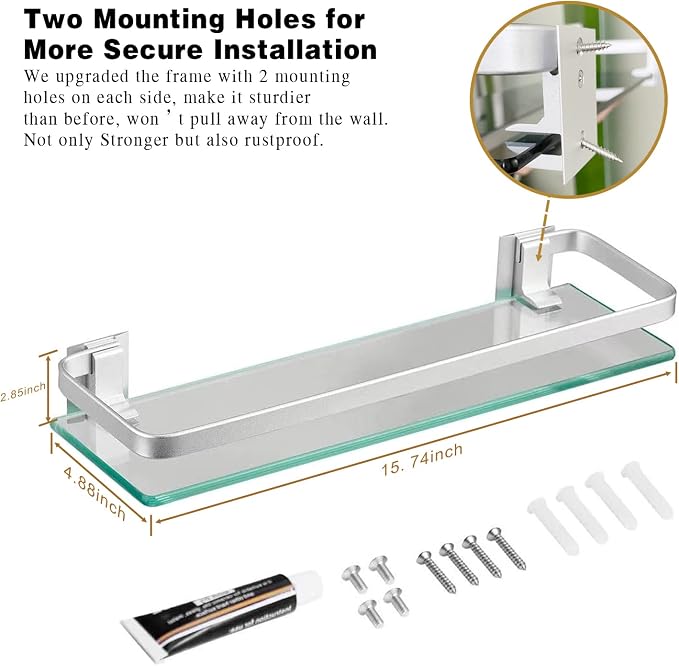 VOLPONE Bathroom Wall Shelf 15.7in Bathroom Glass Shelves Wall Mount Glass Shelf Rustproof Bathroom Wall Organizer 3 Tier (Sliver) - Image 2