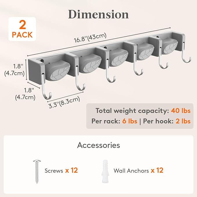 Lifewit Mop and Broom Holder Organizer Wall Mount Non-Slip, 2 Pack, Gray - Image 4
