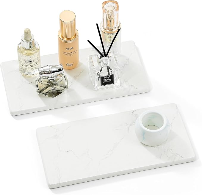 2PCS 10"x 5" Large Bathroom Sink Vanity Trays, Water Absorbing Diatomite Stone Quick Drying Mat for Kitchen Counter, Dish Rack Dispensers Sponge Holder Caddy Organizer, Marble White, 10"x 5" by Razborci