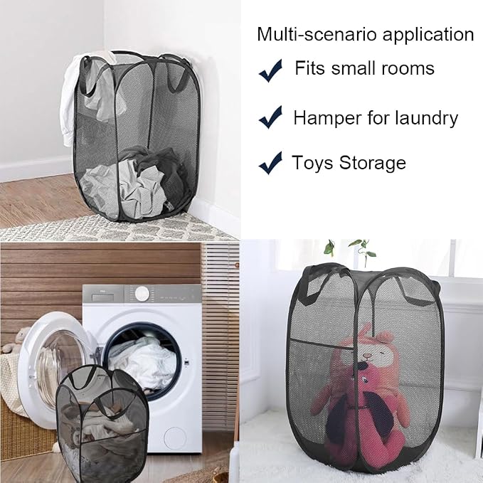 Mesh Pop up Laundry Hamper with Portable Handles, Collapsible Laundry Basket for Storage, Folding Pop-Up Clothes Hampers for Home, College Dorm or Travel, Black - Image 4
