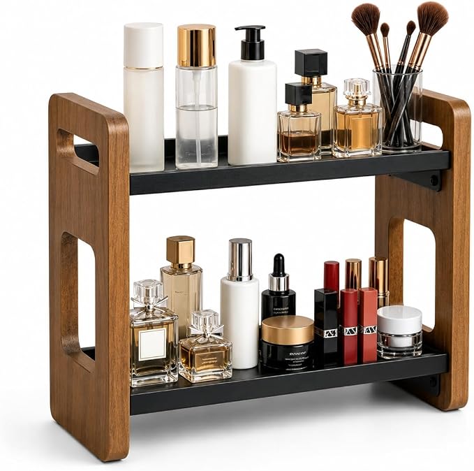 2-Tier Acacia Wood Bathroom Countertop Organizer and Storage, Vanity Bathroom Sink Organizer Shelf for Skin Care Makeup Cologne and Perfume, Small Dresser Counter Organizer-Brown by Tviorst