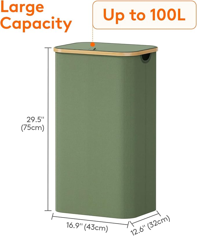 Lifewit 105L Large Laundry Basket with Lid, Removable Bags, Green - Image 4