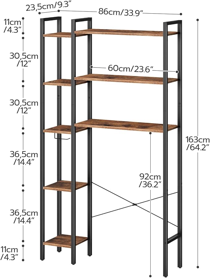 HOOBRO Over The Toilet Storage, 8-Tier Bathroom Organizer Over Toilet Shelf, Storage Rack Above Toilet Stand, Freestanding Space Saver, Toilet Paper Holder, Rustic Brown and Black BF86TS01 - Image 3