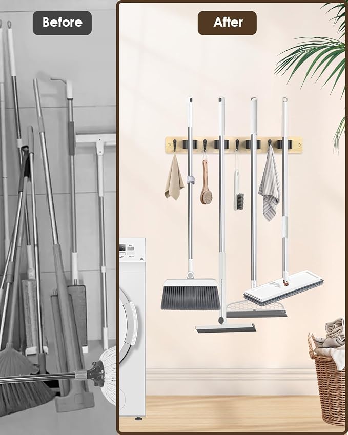 AceMining Light Wood Broom Holder Wall Mount, 4 Holders 4 Hooks Mop Holder - Image 2