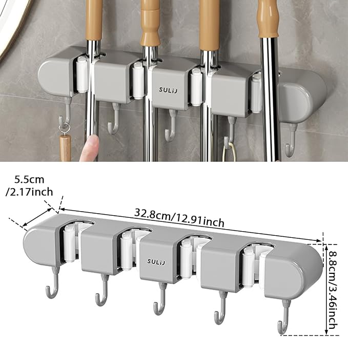 2Pcs Broom Holder Wall Mount, No-Drilling Self-Adhesive Mop and Broom Storage Rack with Hooks (4 Racks with 5 Hooks), Wall-Mounted Broom Hanger for Bathroom, Kitchen, Closet, Garage (Grey) - Image 8