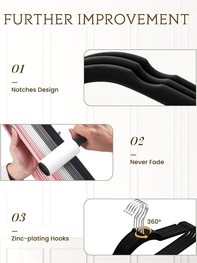 Black Velvet Hangers 40 Pack, Non Slip Felt Slim Hangers for Space Saving - Image 3