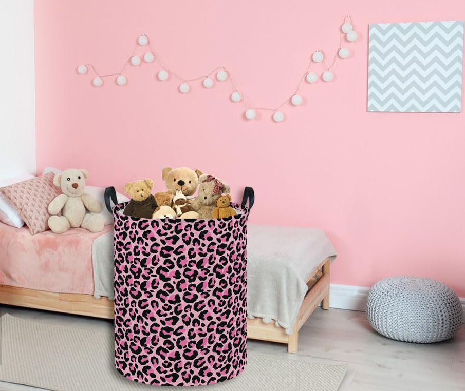 ESSME Laundry Basket,Pink Hamper Collapsible Canvas Waterproof Storage Bin, Leopard Print Hamper,Gift Baskets(Pink leopard print) - Image 4