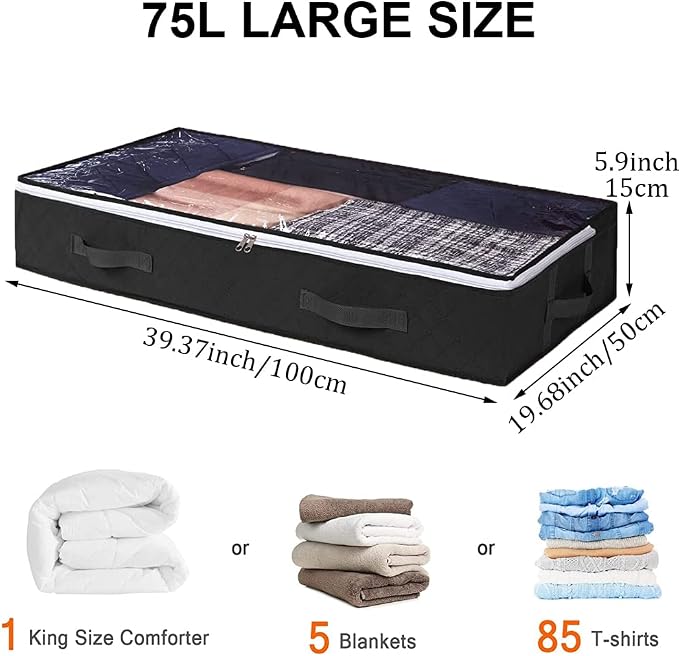 Under Bed Storage Containers, 4-Pack Large Underbed Storage Bags Organizer, Thick Fabric Storage Bins with Clear Window and Handles for Blanket, Comforter, Bedding, Clothes, Black - Image 2