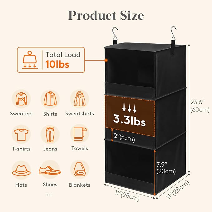 Lifewit RV Storage and Organization, Hanging Closet Shelves | 3 Shelf Front Anti-Slip Closet Organizers and Storage with 2 Sturdy Hooks, Vertical, Foldable, for Camper, Black 1 Pack - Image 3