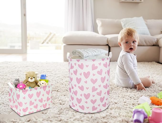NTAOHAMPER Pink Heart Laundry Hamper, Laundry Basket, Girls Nursery Hamper,Waterproof Storage Bin for Bedroom,Clothes Organizer Basket, Room Decor(Pink Heart) - Image 4