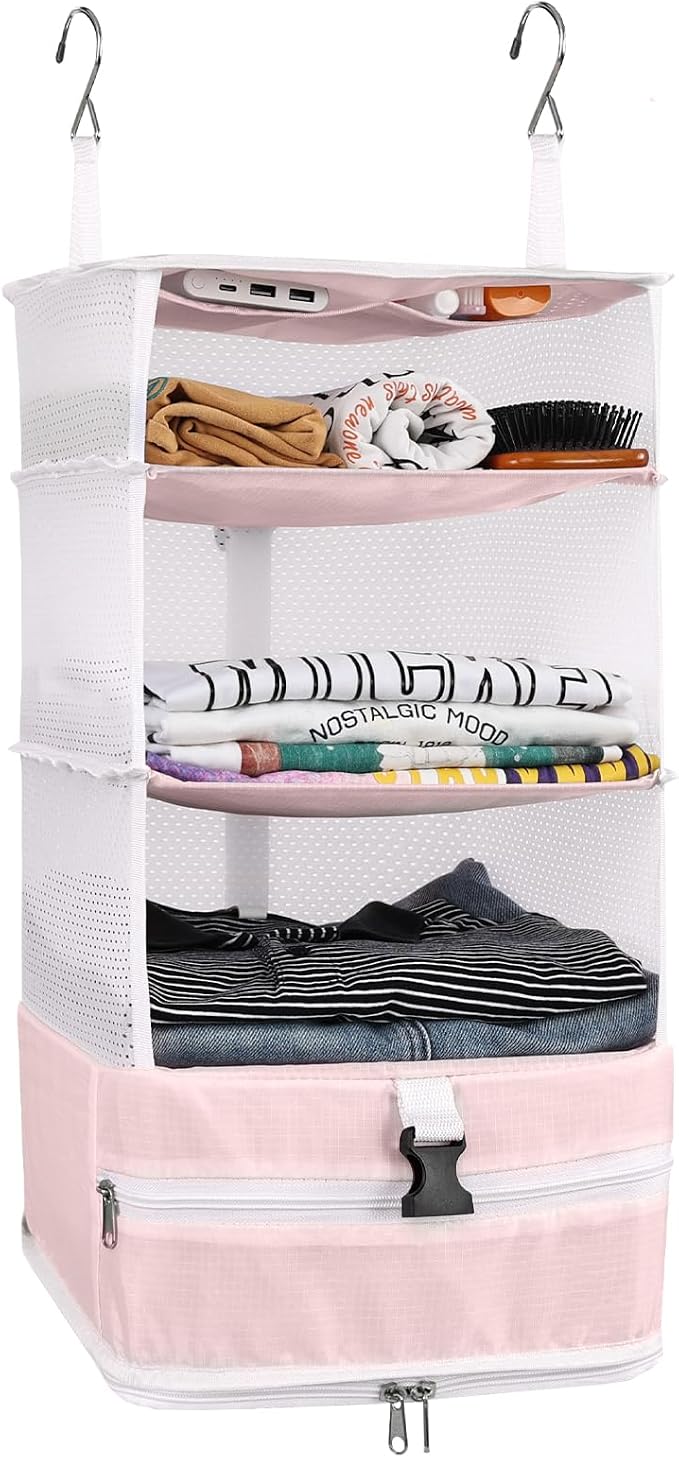 Surblue Hanging Closet Storage Bag Collapsible 3-Shelf Washable Oxford Fabric with 2 Hooks (L 11.41 * 11.41 * 19.68in, Pink) by SURBLUE