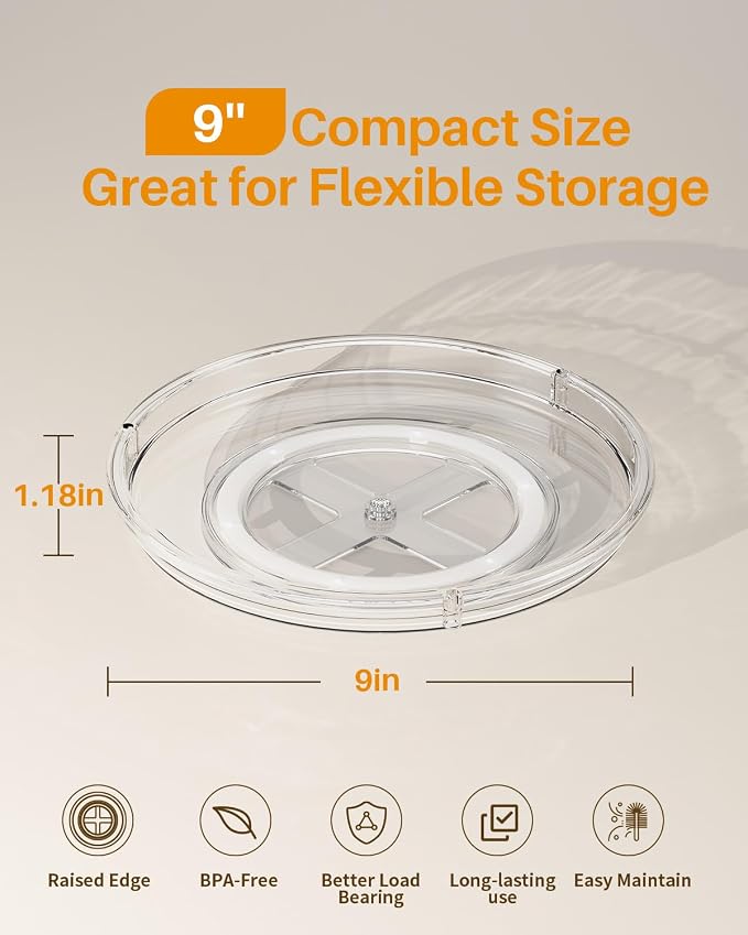 LAMU 2 Pack Lazy Susan Organizer 9 inch Lazy Susan Turntable for Cabinet, Rotating Spice Organization for Cabinet, Kitchen, Table Top, Countertop, Pantry Fridge Organizers and Storage, Clear - Image 6