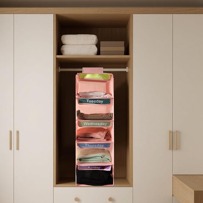 Weekly Clothes Organizer for Kids, Days of The Week Clothes Organizer with 6 Side Pockets, 5-Shelf Hanging Closet Organizer with Monday Through Friday Labels, Weekly Clothing Prepare & Divider - Image 2