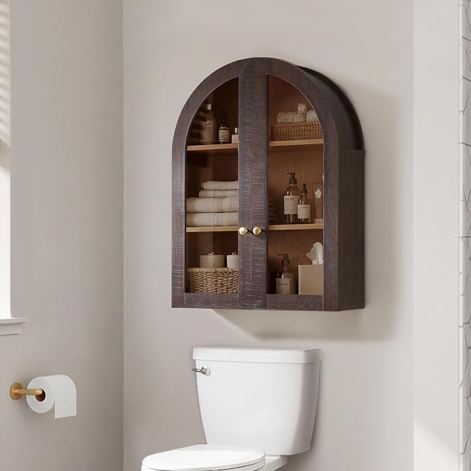 Bathroom Arched Wall Cabinet Over The Toilet Storage Cabinet, 23.5×31.4 Inch bathroom cabinet wall mount with Glass Doors & Adjustable Shelves, Wood Cabinet for Laundry Room, Kitchen, Brown/Natural - Image 7