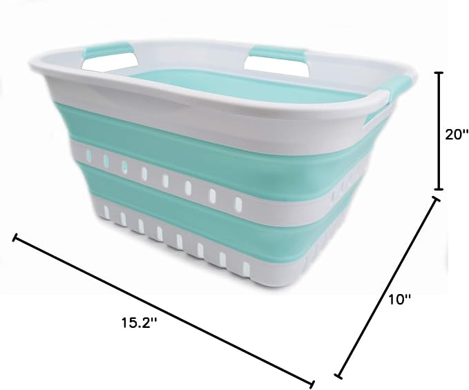 SAMMART 30L (8 Gallon) Collapsible 3 Handled Plastic Laundry Basket - Foldable Pop Up Storage Container/Organizer - Space Saving Hamper/Basket (White/Lake Green) - Image 8