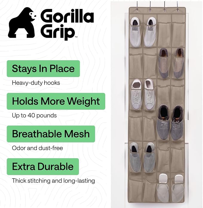 GORILLA GRIP Over the Door Shoe Organizer, 24 Large Pockets, Beige | Breathable Mesh Pocket, Space Saving Hanging Storage Holder, Closet Rack Hanger for Shoes, Pantry and Bathroom Accessories - Image 2