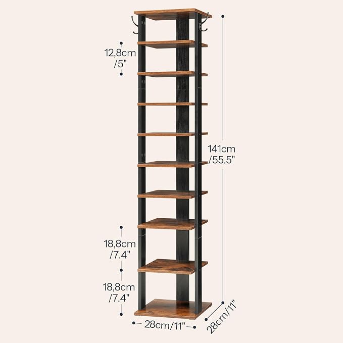 HOOBRO 10 Tiers Vertical Shoe Rack, Wooden Shoe Storage Organizer with Hooks, Narrow Shoe Tower for 10 Pairs, Space Saving, for Entryway, Living Room, Bedroom, Rustic Brown BF141XJ01 - Image 3