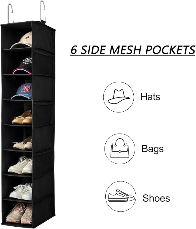 Berdeng Hanging Shoe Organizer for Closet with Side Mesh Pockets，Hat Racks for Baseball Caps，Shoe and Hat Holder & Storage，8-Shelf，Black，1 Pack - Image 6