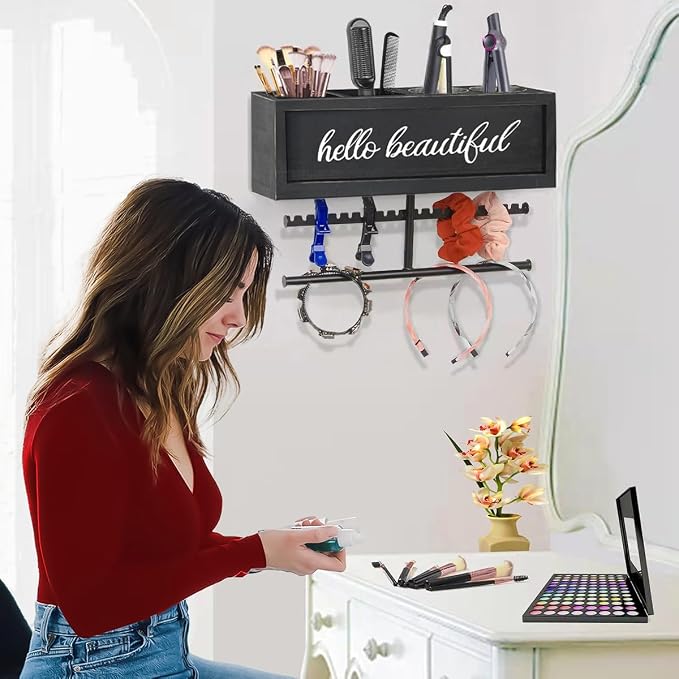 Rustic Hair Dryer Holder Wall Mounted,Hair Styling Tools & Accessories Organizer,Bathroom Supplies & hot Tools vanities Organizer Caddy,for Storage Flat Iron,Blow Dryer,Curling Iron,Towel - Image 3