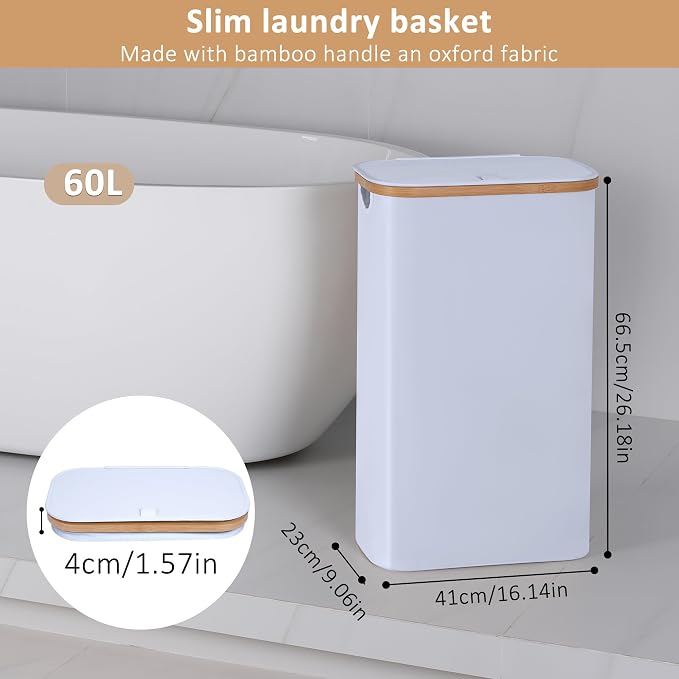 IEGrow Laundry Hamper with Lid,60L Laundry Basket with Mesh Bags,White - Image 2