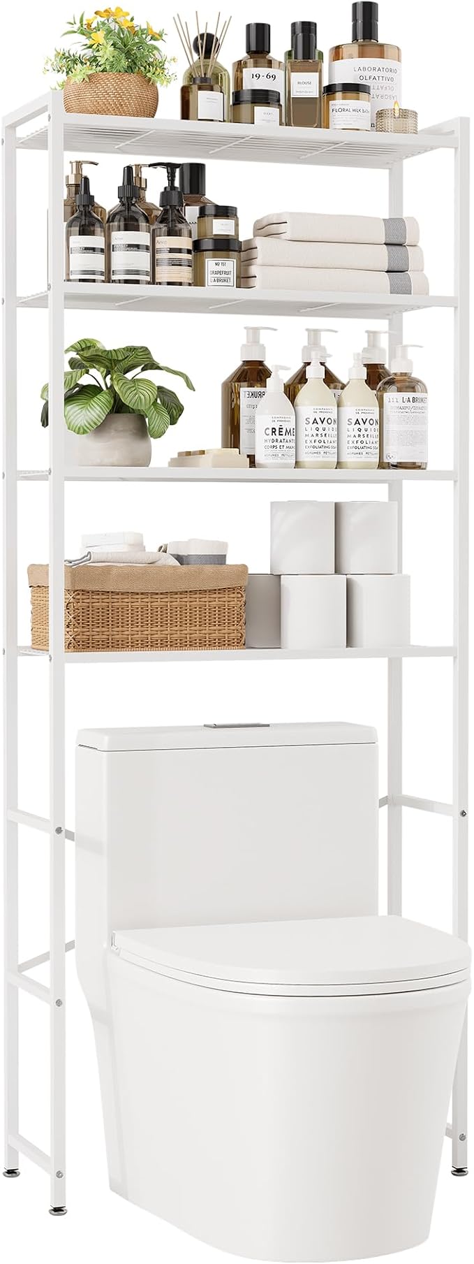 4-Tier Over The Toilet Storage Rack, Bathroom Organizer with One-Piece Metal Mesh Shelves, Over Toilet Shelf with Adjustable Feet & Anti-Tip Kit, Space-Saving Bathroom Storage, White - Image 3