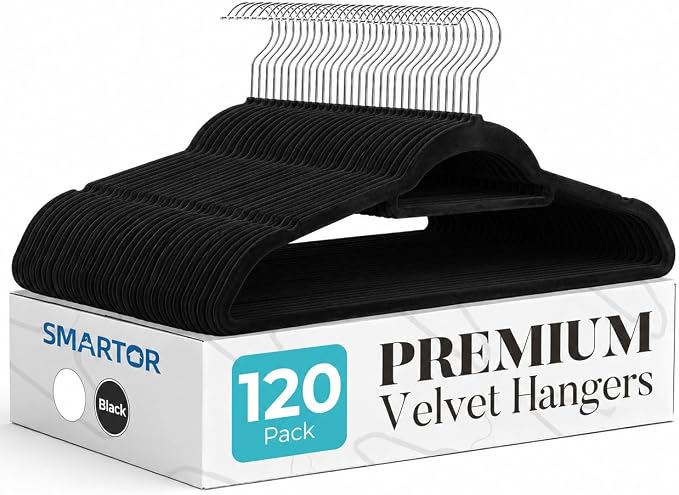 Smartor Black Velvet Hangers 120 Pack, Non-Slip Clothes Hanger with Tie Bar by Smartor
