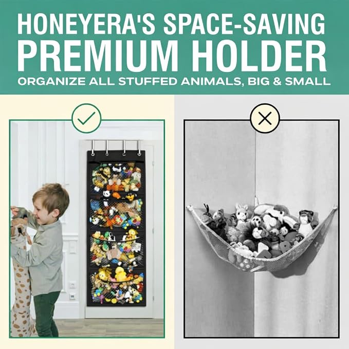 Honeyera The Original Stuffed Animal Storage (Patented) - Over Door Organizer for Stuffies, Toy Plush/Hammock Baby Hanging Storage Net Big Girls Toddler Large Bag Animals (Black) - Image 3