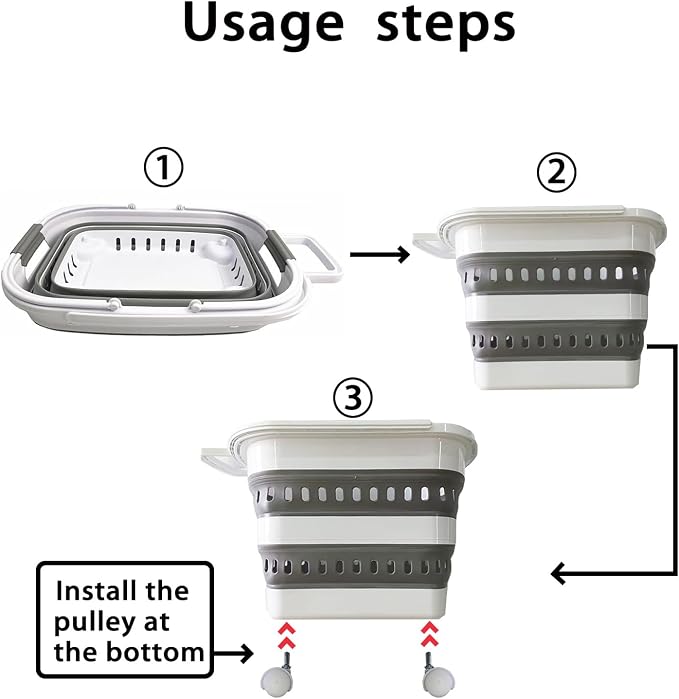 Folding Laundry Basket with Wheels Handle Collapsible Plastic Hamper 38L Portable Rubber Clothes Multi Use Grocery Shopping Cart Pop Up Storage Container Organizer with Hanging Space Saving White Grey - Image 2