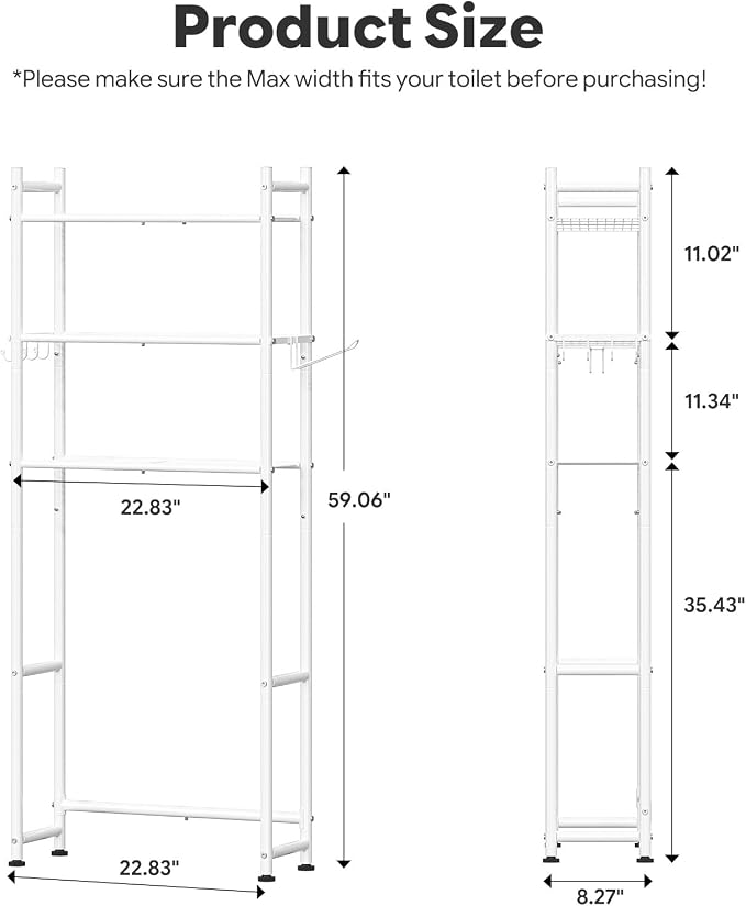 Simple Trending 3-Tier Over Toilet Storage Rack with Paper Holder & Hooks - Image 3