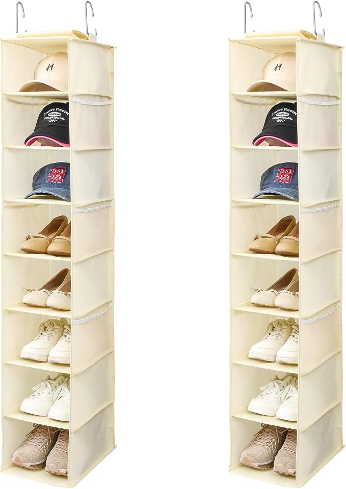 Berdeng Hanging Shoe Organizer for Closet with Side Mesh Pockets，Hat Racks for Baseball Caps，Shoe and Hat Holder & Storage，8-Shelf，Beige，2 Pack by Berdeng