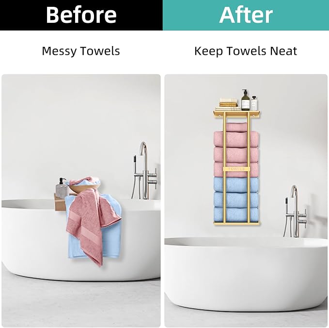 STWWO Bathroom Towel Storage Rack for Bathroom, 30 inch Towel Racks Wall Mounted with Shelf Can Holds 6 Large Towels, Wall Towel Rack for Rolled Towels, Gold - Image 4